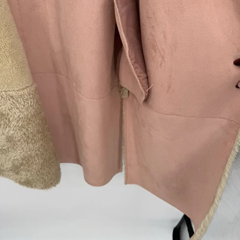 Zara Tan Faux Suede Teddy Sherpa Jacket Coat Oversized Size Large Pink - Picture 6 of 11
